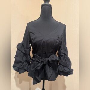 White House Black Market Black Poplin Blouse with Ruffle-Sleeve and Tie-Waist